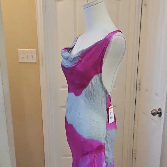 Topshop Vibrant Pink and Gray Cowl Neck Satin Maxi Dress Size 6 - Picture 6 of 11